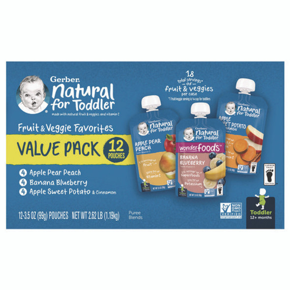 Natural Baby Food Pouches for Toddler 12+ Months, Assorted Flavors, 3.5 oz Pouch, 12/Carton