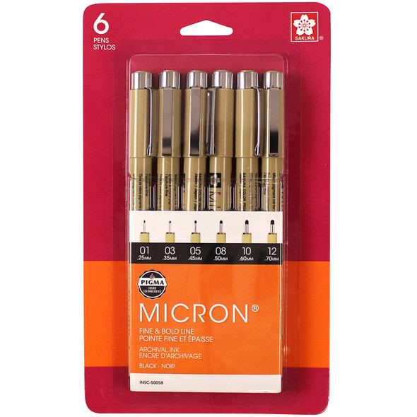 Pigma Micron Pens, Black, Assorted Sizes, 6-Pack, Blister Card