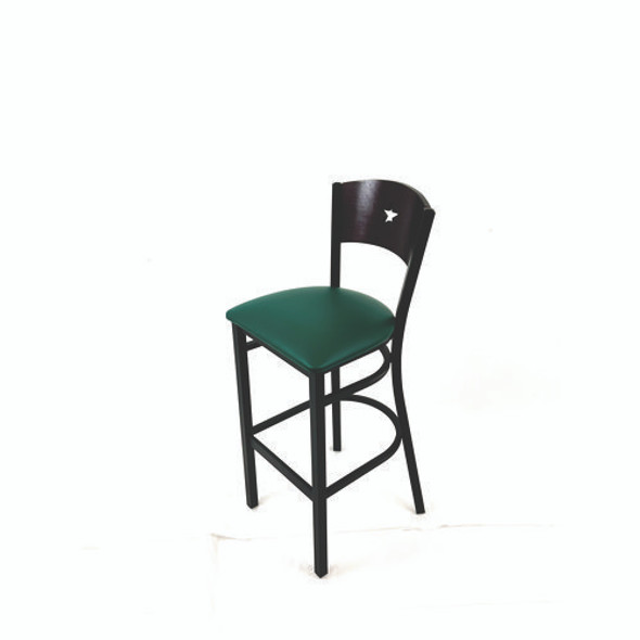 Liberty Series Barstool, Supports Up to 300 lb, 28.5" Seat Height, Green Seat, Dark Mahogany Back, Black Base Liberty Series Barstool, Supports Up to 300 lb, 28.5" Seat Height, Green Seat, Dark Mahogany Back, Black Base