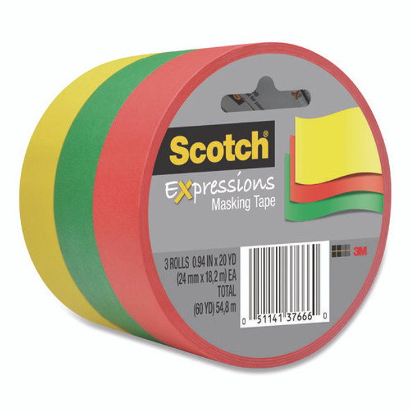 Expressions Masking Tape, 3" Core, 0.94" x 20 yds, Red, Green, Yellow, 3 Rolls/Pack