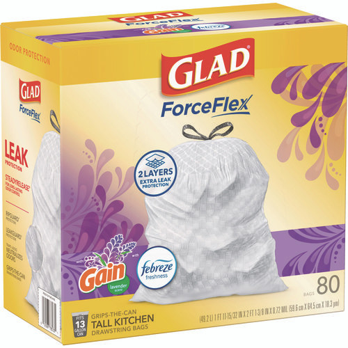 ForceFlex Kitchen Drawstring Trash Bags, 13 gal, Gain Lavender with Febreze Freshness, 24 x 27.38, White, 80/Box