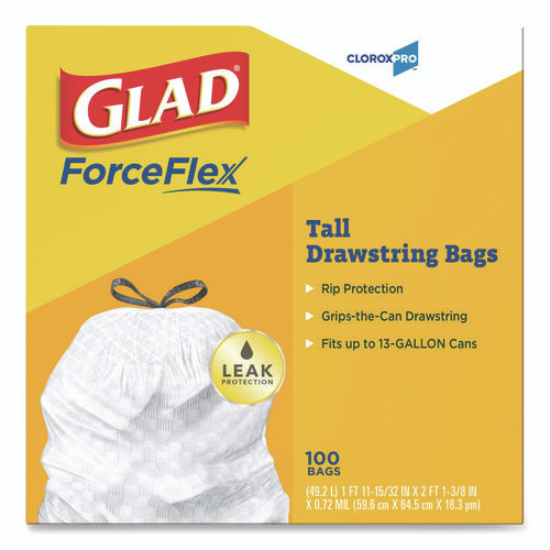 CloroxPro ForceFlex Tall Kitchen Drawstring Trash Bags, 13 gal, 24 x 27.38, Gray, 100/Box