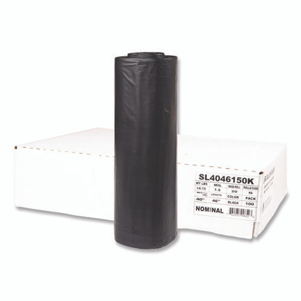 Institutional Low-Density Can Liners, 45 gal, 1.5 mil, 40" x 46", Black, Interleaved Roll, 20 Bags/Roll, 5 Rolls/Carton