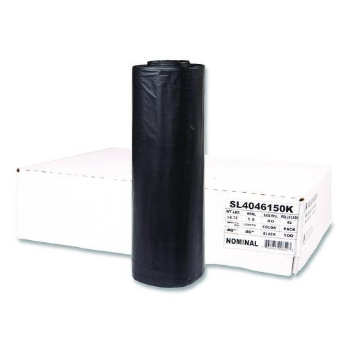 Institutional Low-Density Can Liners, 45 gal, 1.5 mil, 40" x 46", Black, Interleaved Roll, 20 Bags/Roll, 5 Rolls/Carton