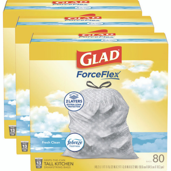 ForceFlex Kitchen Drawstring Trash Bags, 13 gal, Fresh Clean Scent, 24" x 27.38", White, 80 Bags/Box, 3 Boxes/Carton ForceFlex Kitchen Drawstring Trash Bags, 13 gal, Fresh Clean Scent, 24" x 27.38", White, 80 Bags/Box, 3 Boxes/Carton