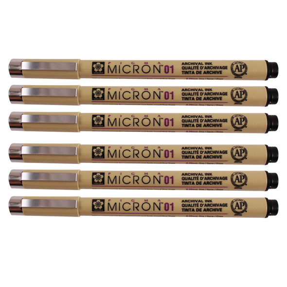 Pigma Micron Pen, Black, 0.25mm Size 01, Pack of 6