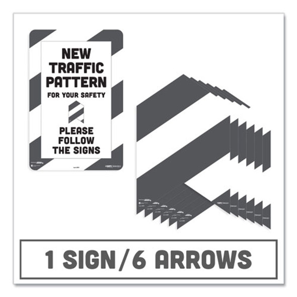 BeSafe Carpet Decals, New Traffic Pattern For Your Safety; Please Follow The Signs, 12 x 18, White/Gray, 7/Pack