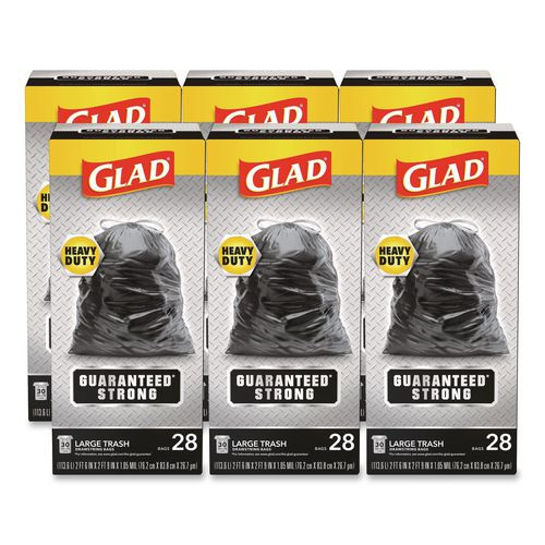 Guaranteed Strong Large Drawstring Trash Bags, Three-Ply, 30 gal, 1.05 mil, 30 x 33, Black, 28 Bags/Box, 6 Boxes/Carton