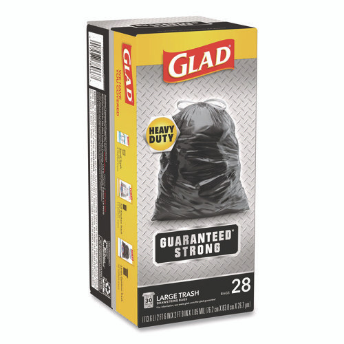 Guaranteed Strong Large Drawstring Trash Bags, Three-Ply, 30 gal, 1.05 mil, 30 x 33, Black, 28 Bags/Box, 6 Boxes/Carton
