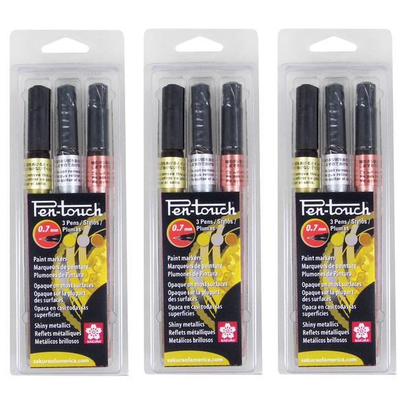 Pen-Touch Markers, 0.7mm, Assorted Metallics, 3 Per Set, 3 Sets