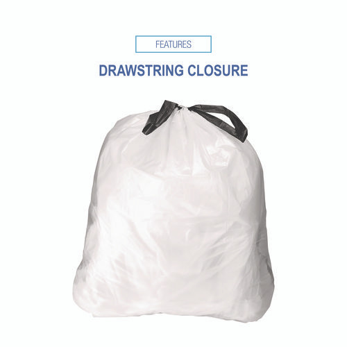 Drawstring Kitchen Bags, Drawstring, 13 gal, 24" x 28", White, 50 Bags/Roll, 2 Rolls/Carton