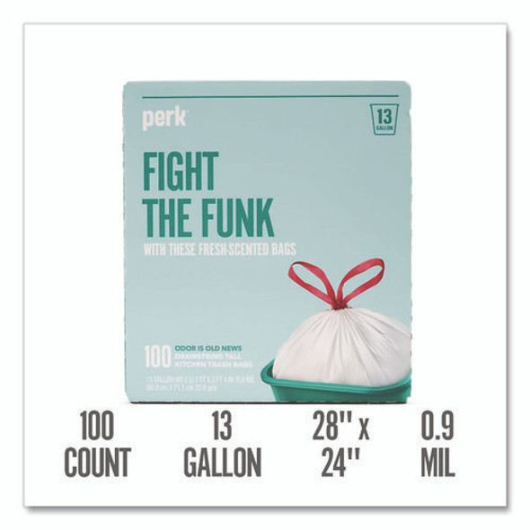 Scented Drawstring Tall Kitchen Trash Bags, 13 gal, Fresh Scent, 28" x 24", White, 100/Box Scented Drawstring Tall Kitchen Trash Bags, 13 gal, Fresh Scent, 28" x 24", White, 100/Box