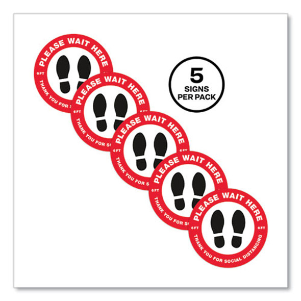 Social Distancing Floor Decals, 10.5" dia, Please Wait Here, Red/White Face, Black Graphics, 5/Pack