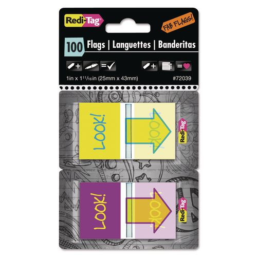 Pop-Up Fab Page Flags w/Dispenser, "Look!", Purple/Yellow; Yellow/Teal, 100/Pack