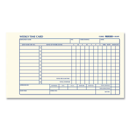 Weekly Employee Time Cards, One Side, 4.25 x 7, 100/Pad