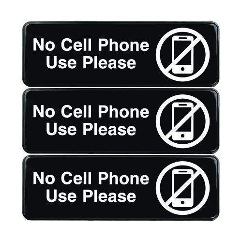 No Cell Phone Use Please Indoor/Outdoor Wall Sign, 9 x 3, Black Face, White Graphics, 3/Pack