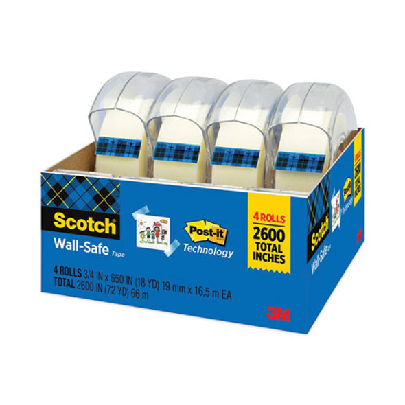 Wall-Safe Tape with Dispenser, 1" Core, 0.75" x 54.17 ft, Clear, 4/Pack