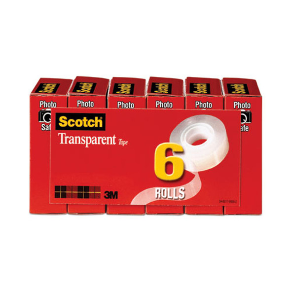 Transparent Tape, 1" Core, 0.75" x 83.33 ft, Transparent, 6/Pack