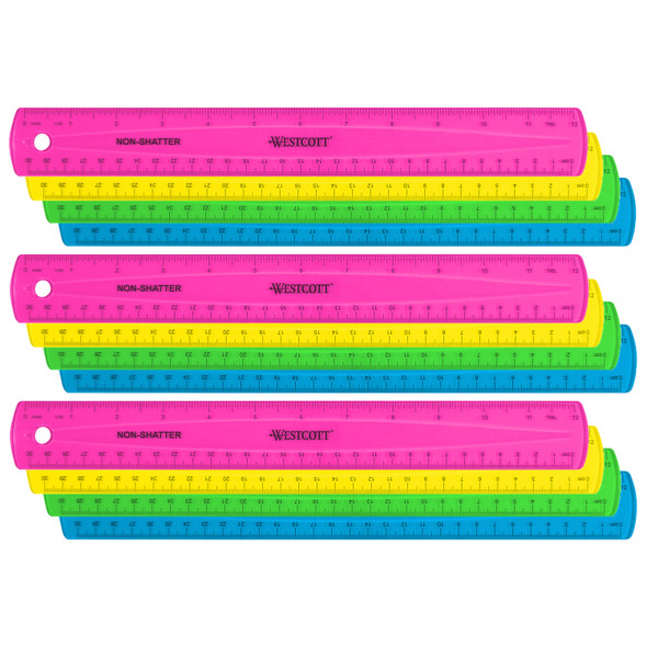 12" Shatterproof Ruler with Anti-Microbial, Assorted Translucent Colors, Pack of 12