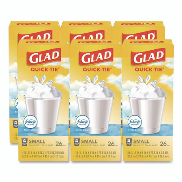 OdorShield Quick-Tie Small Trash Bags, Tie-Flap, 4 gal, Febreze Fresh Clean Scent, 8 x 18, White, 26 Bags/Box, 6 Boxes/Carton OdorShield Quick-Tie Small Trash Bags, Tie-Flap, 4 gal, Febreze Fresh Clean Scent, 8 x 18, White, 26 Bags/Box, 6 Boxes/Carton
