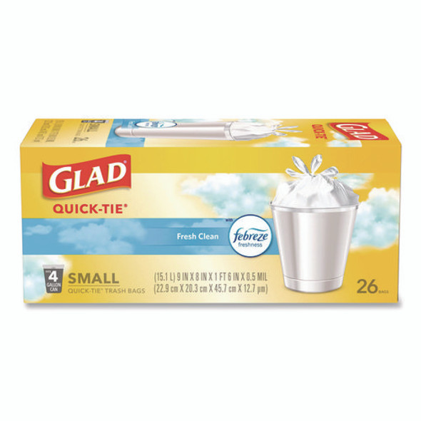 OdorShield Quick-Tie Small Trash Bags, Tie-Flap, 4 gal, Febreze Fresh Clean Scent, 8 x 18, White, 26 Bags/Box, 6 Boxes/Carton OdorShield Quick-Tie Small Trash Bags, Tie-Flap, 4 gal, Febreze Fresh Clean Scent, 8 x 18, White, 26 Bags/Box, 6 Boxes/Carton
