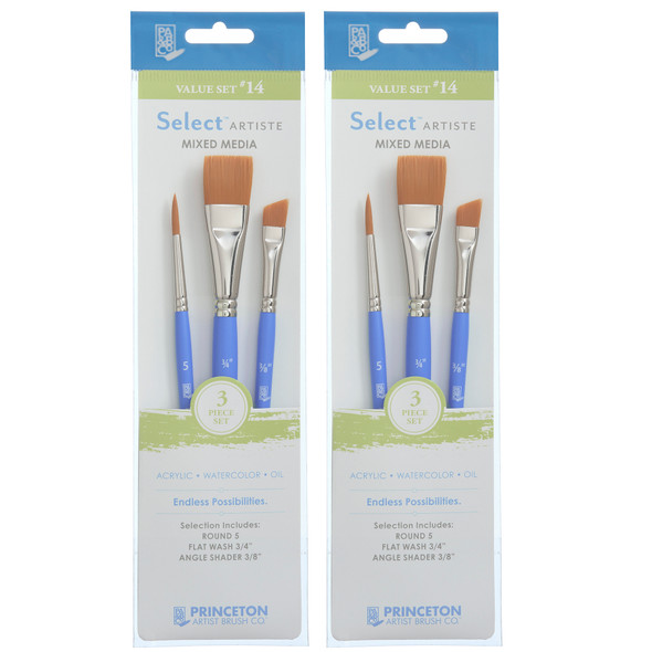 Select Artiste Brush Set No. 14, Synthetic Bristles, Short Handle Mixed Media Paintbrush, Jewel Blue, 3 Per Set, 2 Sets