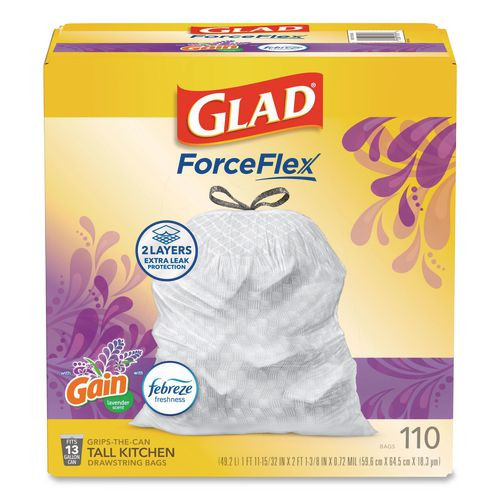 ForceFlex Tall Kitchen Drawstring Trash Bags, 13 gal, Gain Lavender with Febreze Freshness, 10.18 x 9.81, White, 110/Box