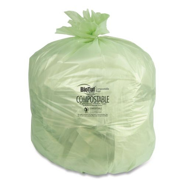 Biotuf Compostable Can Liners, 30 gal, 1 mil, 28" x 45", Green, 25 Bags/Roll, 5 Rolls/Carton