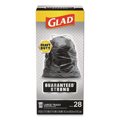 Guaranteed Strong Large Drawstring Trash Bags, Three-Ply, 30 gal, 1.05 mil, 30 x 33, Black, 28/Box