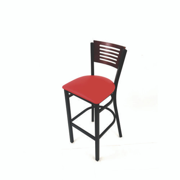 Jones River Series Barstool, Supports Up to 300 lb, 28.5" Seat Height, Red Seat, Dark Mahogany Back, Black Base Jones River Series Barstool, Supports Up to 300 lb, 28.5" Seat Height, Red Seat, Dark Mahogany Back, Black Base