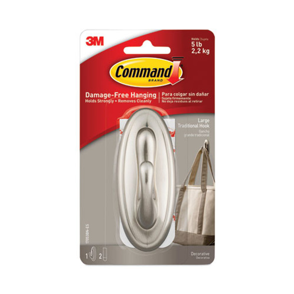 Decorative Hooks, Traditional, Large, Plastic, Silver, 5 lb Capacity, 1 Hook and 2 Strips/Pack