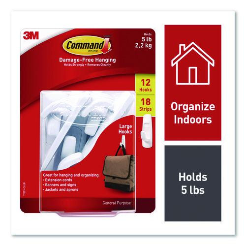 General Purpose Hooks, Large, Plastic, White, 5 lb Capacity, 12 Hooks and 18 Strips/Pack