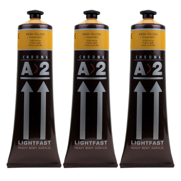 A2 Heavy Body Lightfast Artist Acrylic, 4 oz., India Yellow Hue, Pack of 3