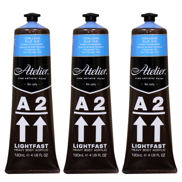 A2 Heavy Body Lightfast Artist Acrylic, 4 oz., Cerulean Blue Hue, Pack of 3