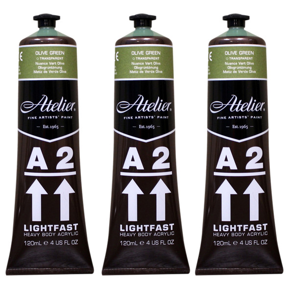 A2 Heavy Body Lightfast Artist Acrylic, 4 oz., Olive Green Hue, Pack of 3