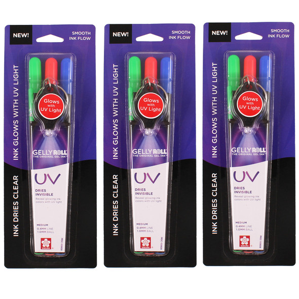 UV Gel Pens, Medium Point, Assorted Colors, 3 Per Set with UV Light, 3 Sets