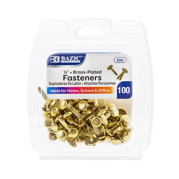 Brass-Plated Fasteners, 1/2", Pack of 100