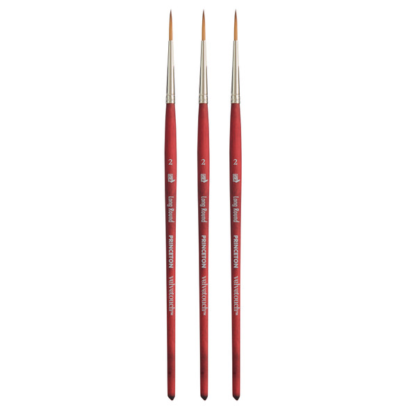 Velvetouch Long Round Brush, Synthetic Bristles, Short Handle Mixed Media Paintbrush, Scarlet, Size 2, Pack of 3