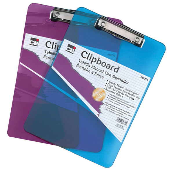 Transparent Plastic Clipboard, Low Profile Clip & Pull Out Hook, Letter Size, Assorted Neon Colors, Pack of 2