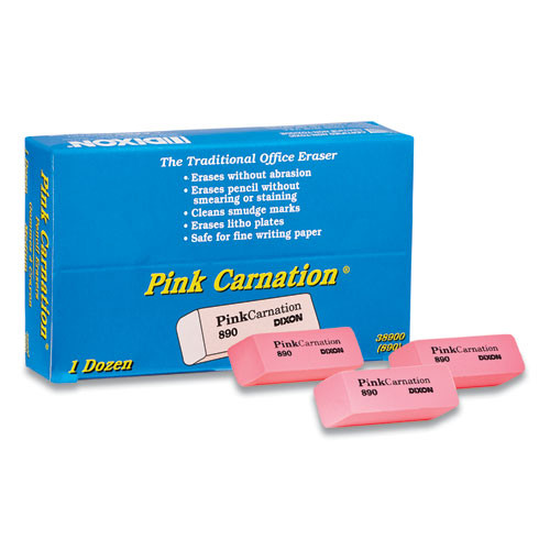 Pink Carnation Erasers, Medium, 2-5/16 x 13/16 x 7/17, Pack of 12