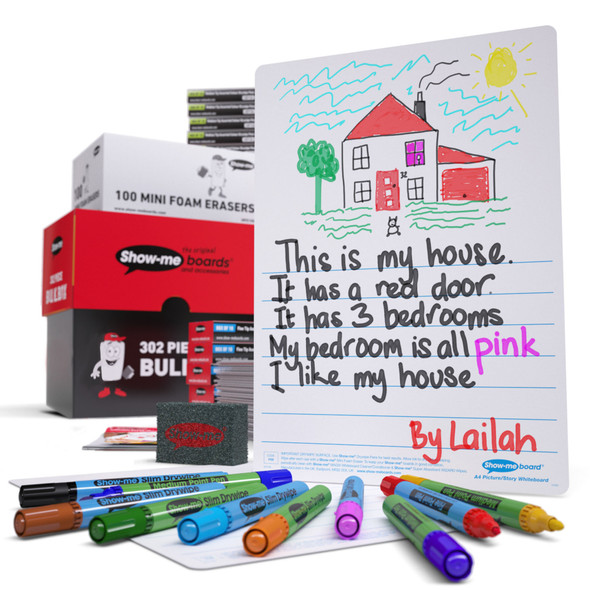 Bulk Box of 100 x Picture Story 8" x 12" Lapboards, with Pens, Erasers, Cleaner