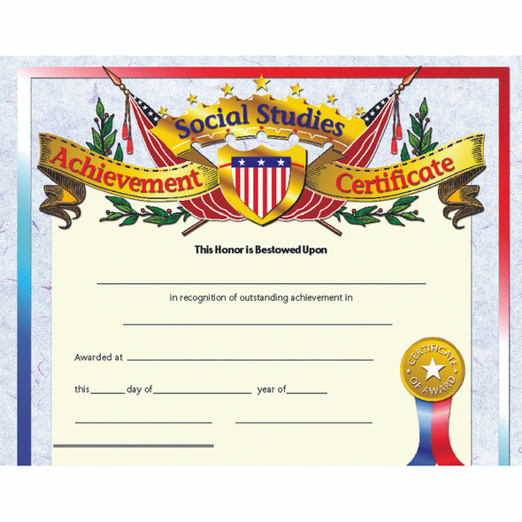 Social Studies Achievement Certificate, 8.5" x 11", Pack of 30 - H-VA675