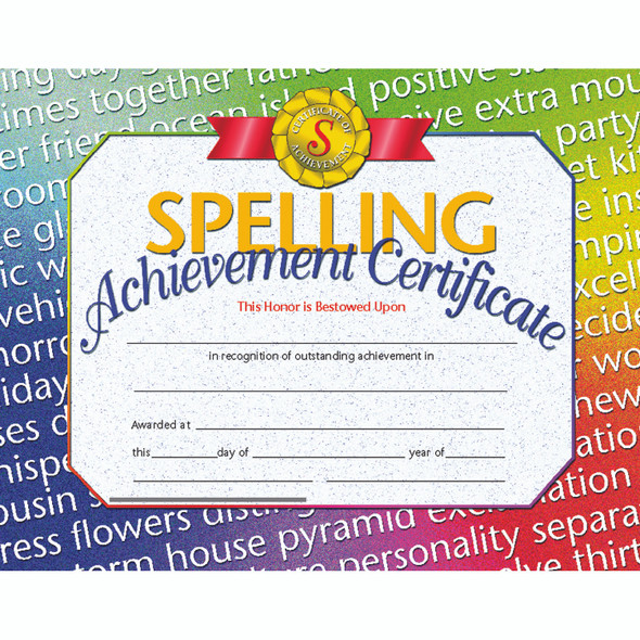 Spelling Achievement Certificate, 8.5" x 11", Pack of 30 - H-VA676