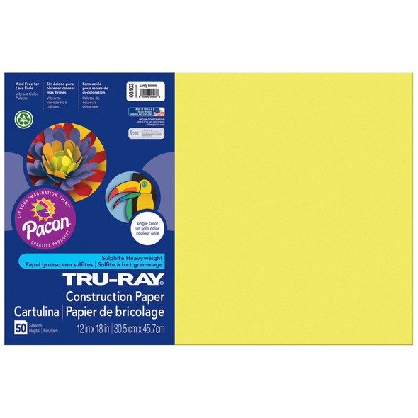 Construction Paper, Heavyweight, Lively Lemon, 12" x 18", 50 Sheets