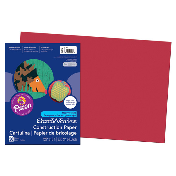 Construction Paper, Medium Weight, Red, 12" x 18", 50 Sheets