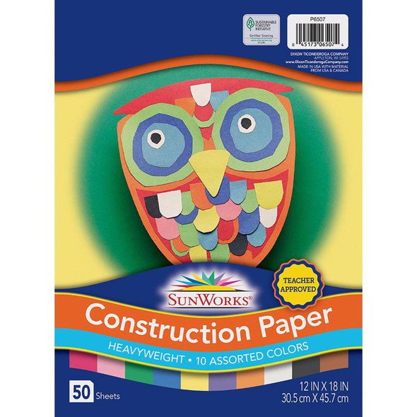 Construction Paper Assorted, 10 Assorted Colors, 12" x 18", 50 Sheets