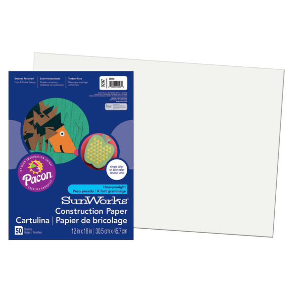 Construction Paper, Medium Weight, White, 12" x 18", 50 Sheets