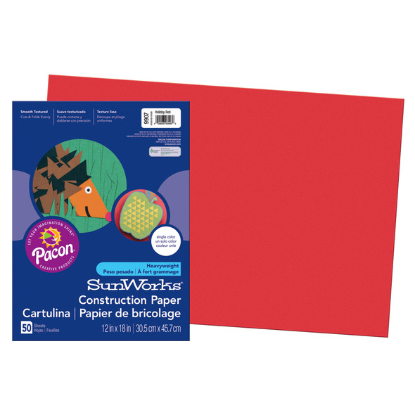 Construction Paper, Medium Weight, Holiday Red, 12" x 18", 50 Sheets