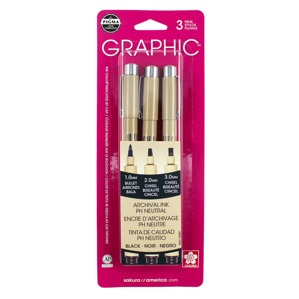 Pigma Graphic Pens, Black, Assorted Tips, 3-Piece Set, Blister Card