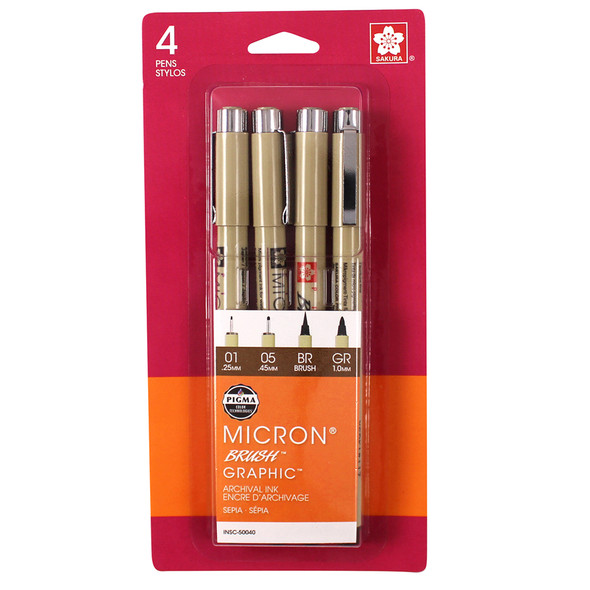 Pigma Drawing Pens, Sepia, Assorted Sizes, 4-Piece Set, Blister Card